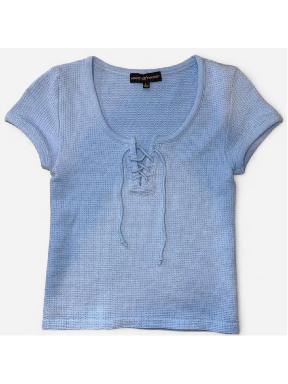 Almost Famous Light Blue Lace-Up Tee Size Large